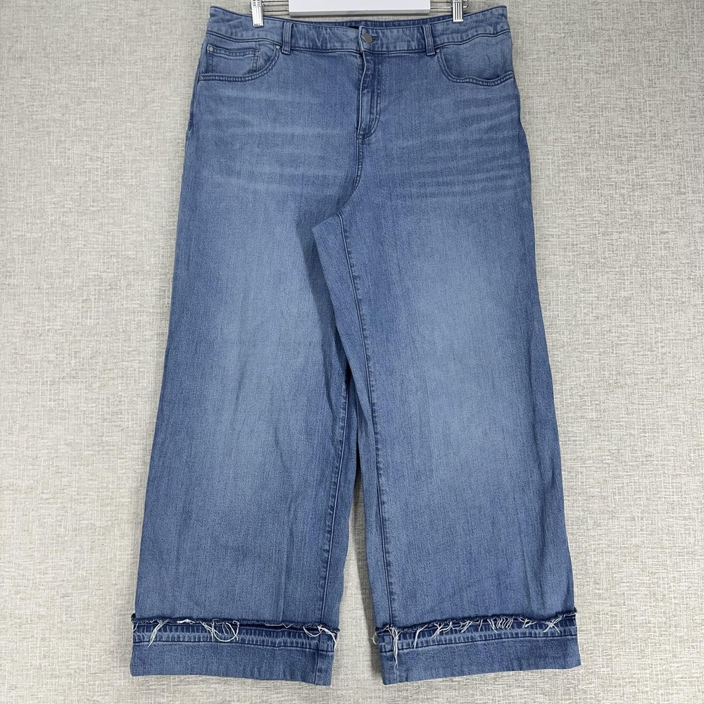 Talbots‎ Relaxed Trouser Jeans Womens 16 Blue Wide Leg Fringe Cuff Hem Stretch